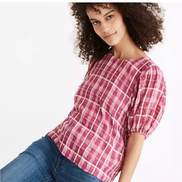 MADEWELL Women's Pink Short Sleeve Plaid Blouse Top Size Small - Picture 10 of 10